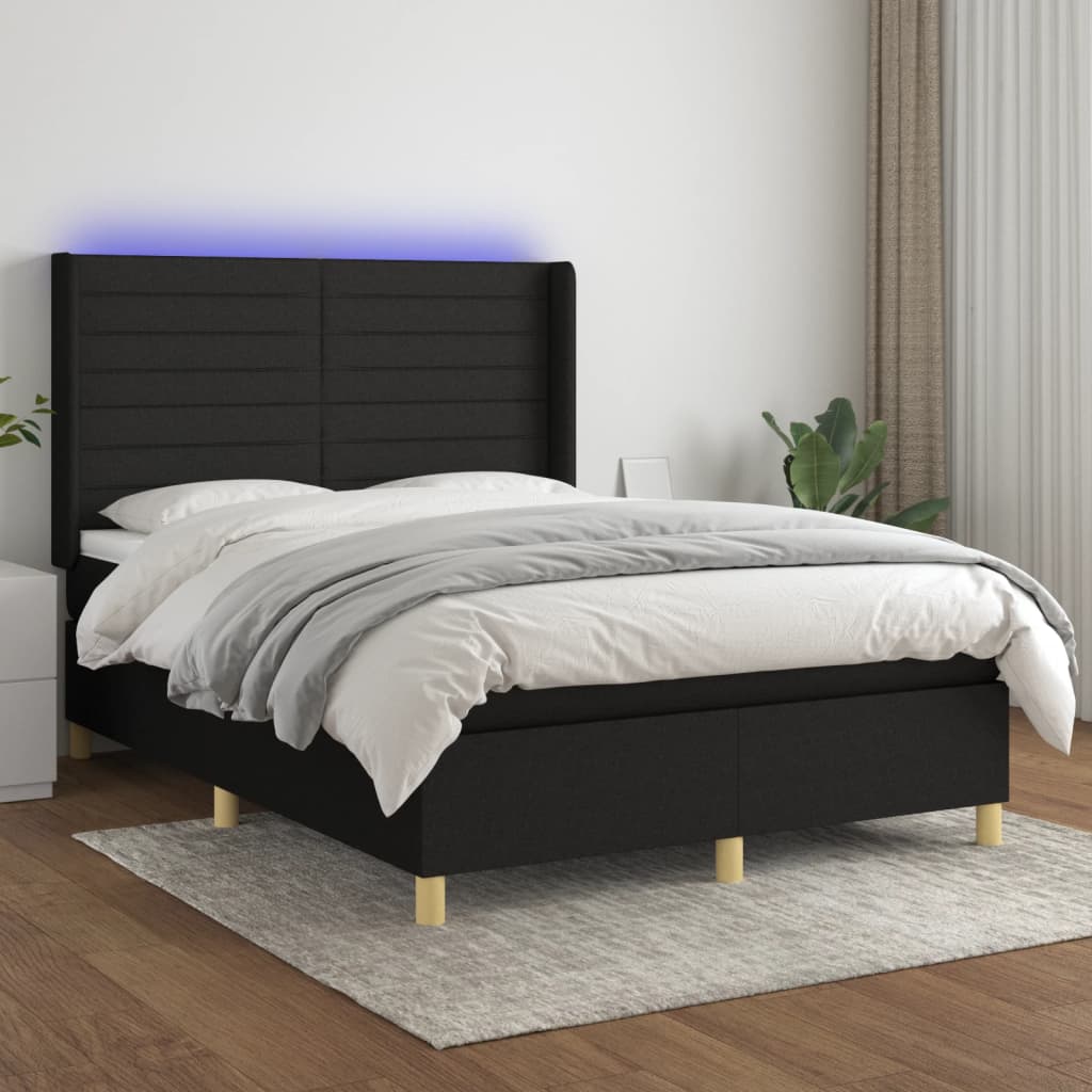 kontinentalseng med LED-lys 140x200 cm stof sort