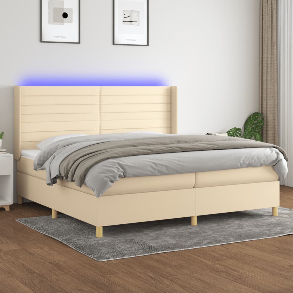 kontinentalseng med LED-lys 200x200 cm stof cremefarvet