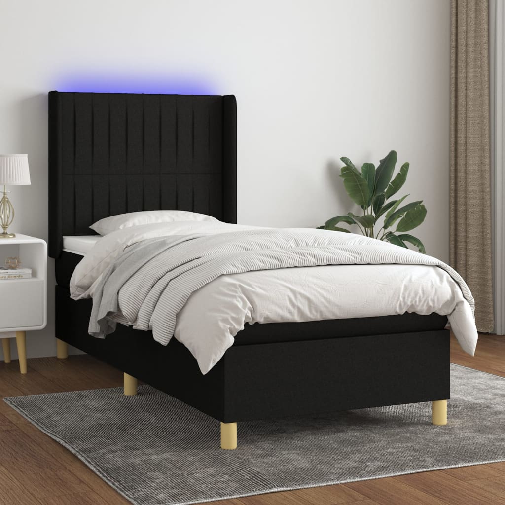 kontinentalseng med LED-lys 90x200 cm stof sort