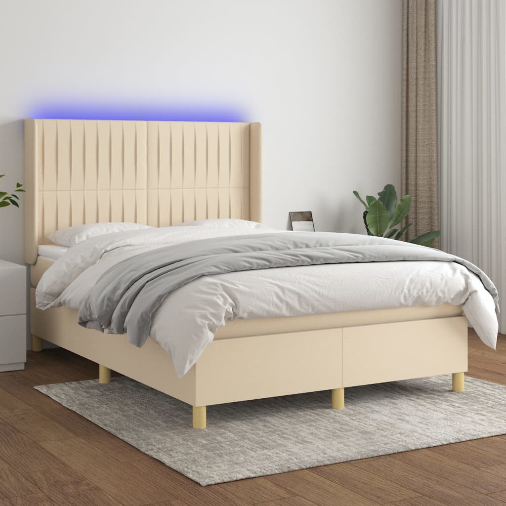 kontinentalseng med LED-lys 140x190 cm stof cremefarvet