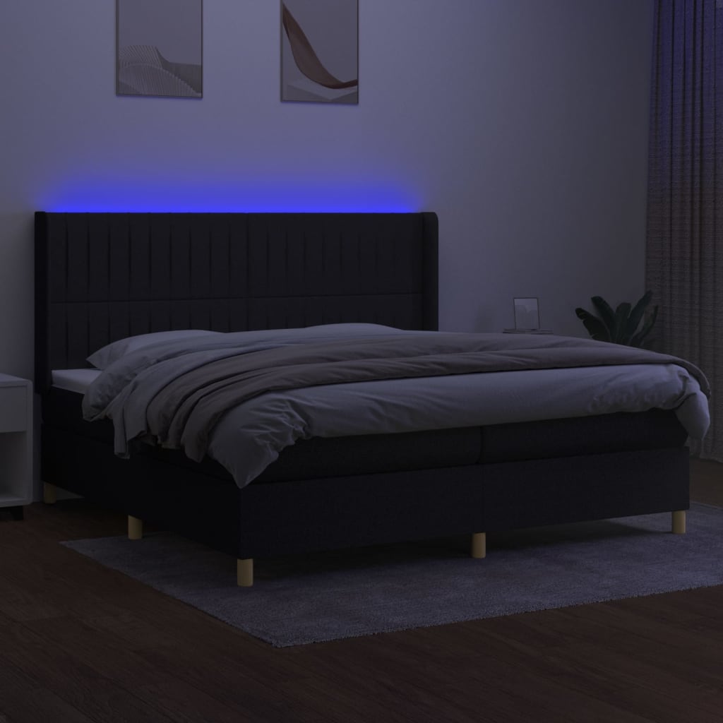 kontinentalseng med LED-lys 200x200 cm stof sort