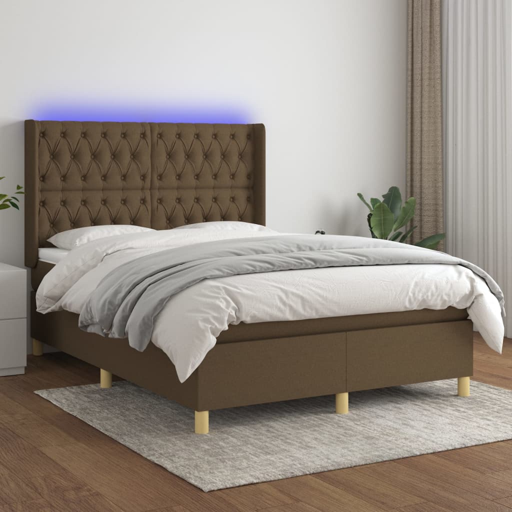 kontinentalseng med LED-lys 140x190 cm stof mørkebrun