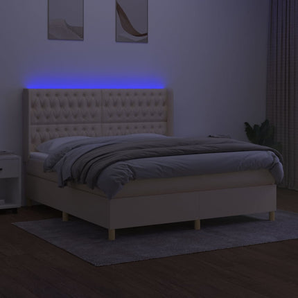 kontinentalseng med LED-lys 160x200 cm stof cremefarvet