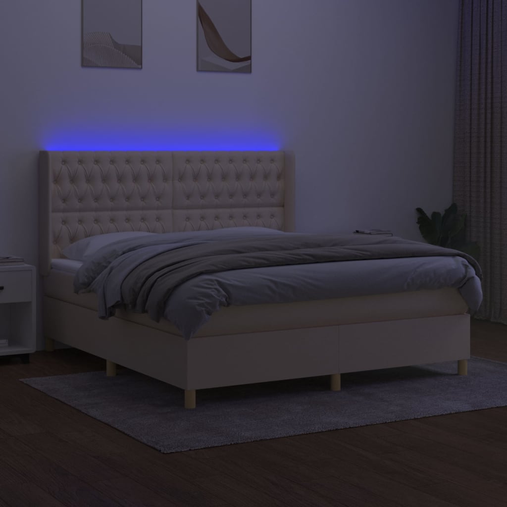 kontinentalseng med LED-lys 180x200 cm stof cremefarvet