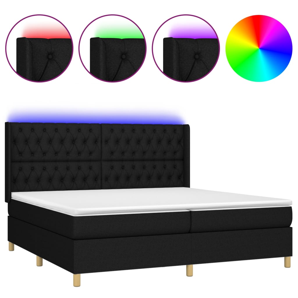 kontinentalseng med LED-lys 200x200 cm stof sort