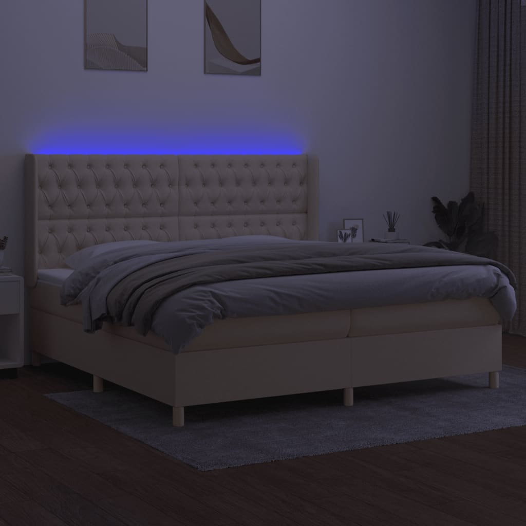 kontinentalseng med LED-lys 200x200 cm stof cremefarvet