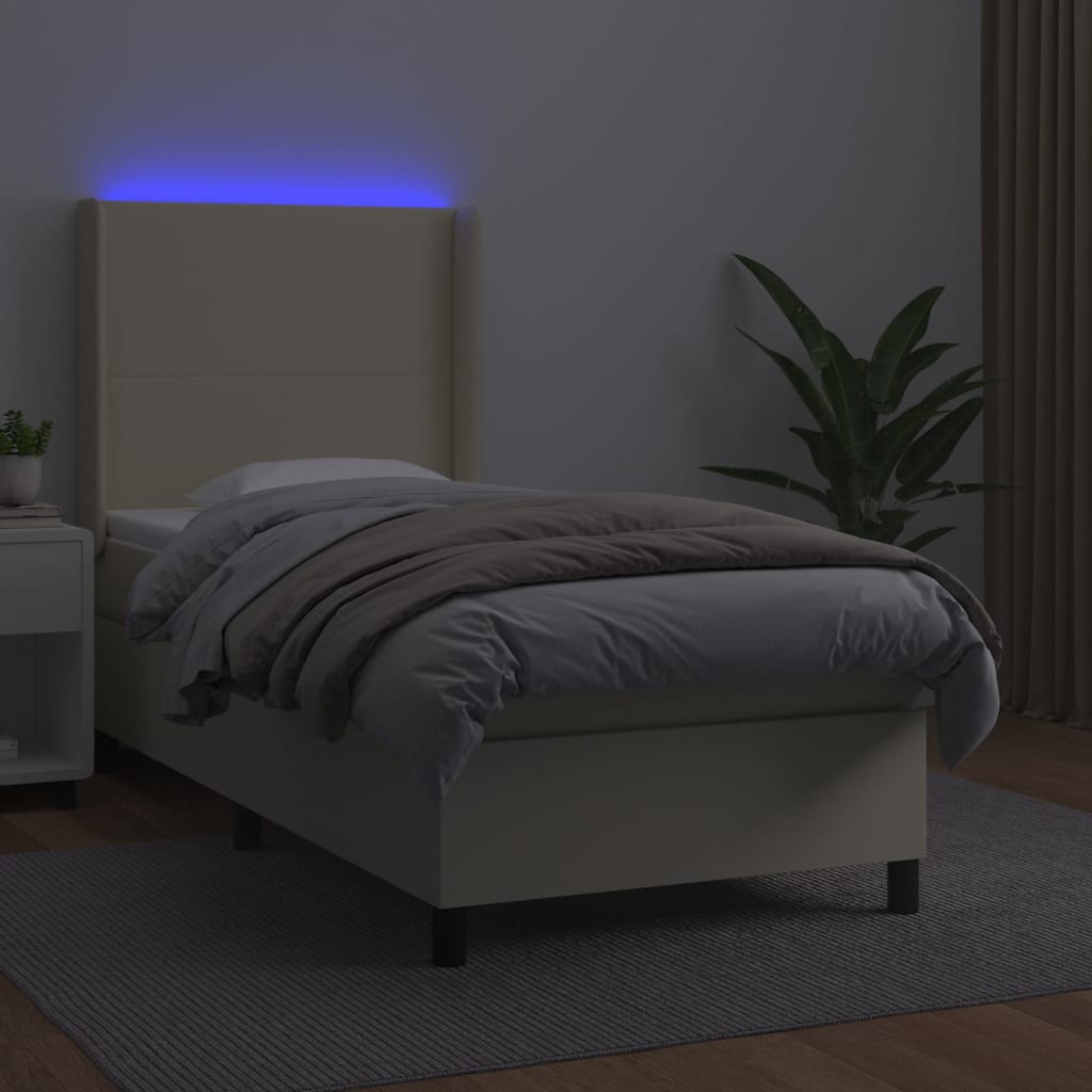 kontinentalseng med LED-lys 90x190 cm kunstlæder cremefarvet
