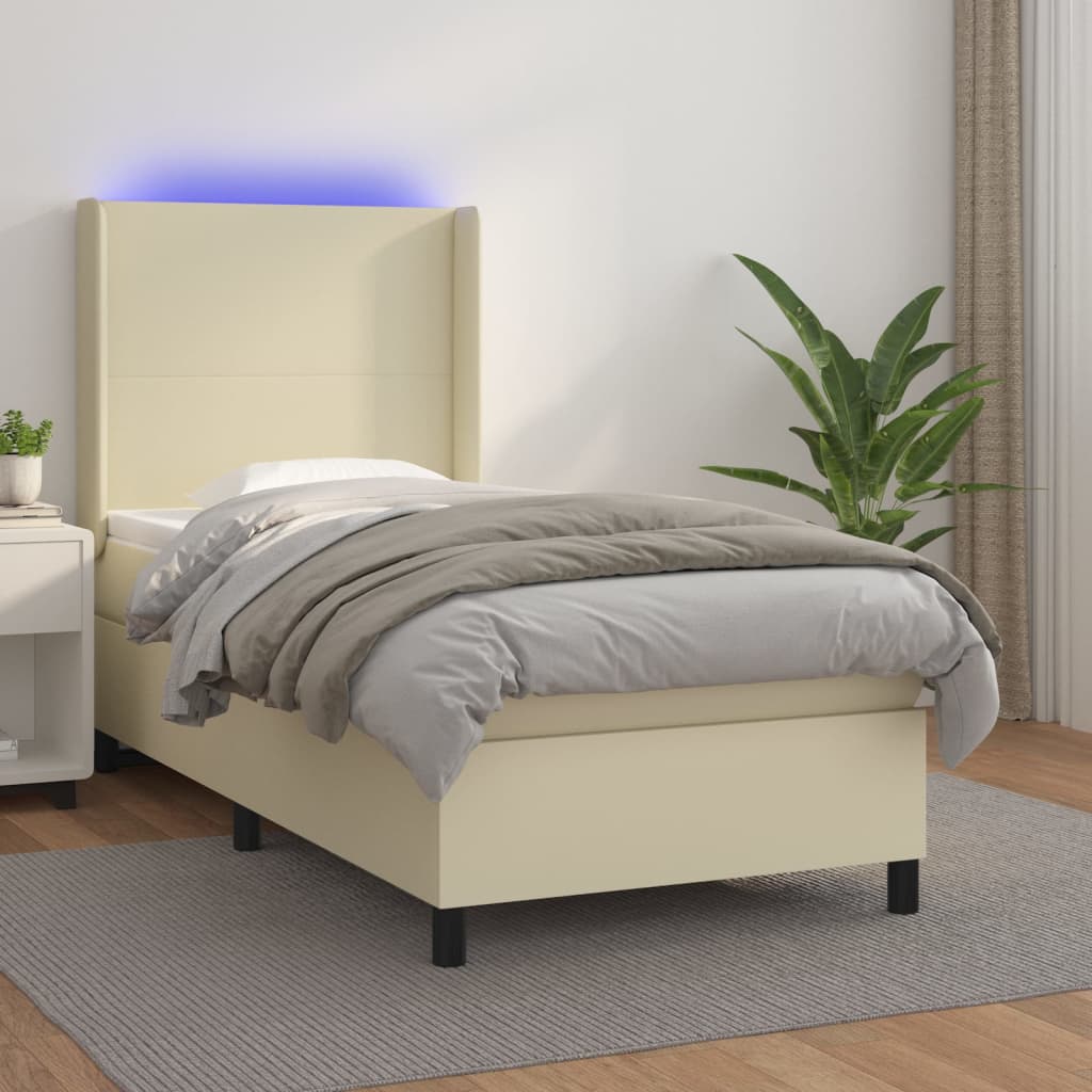 kontinentalseng med LED-lys 90x190 cm kunstlæder cremefarvet