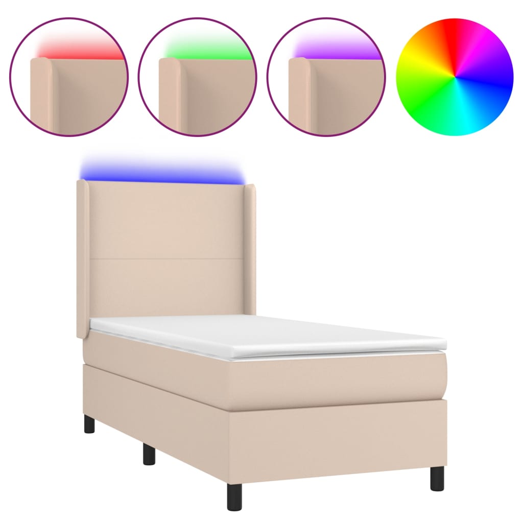 kontinentalseng LED-lys 100x200 cm kunstlæder cappuccinofarvet