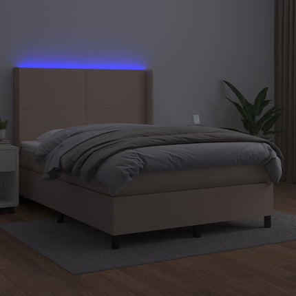 kontinentalseng LED-lys 140x200 cm kunstlæder cappuccinofarvet