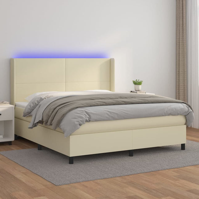 kontinentalseng med LED-lys 160x200 cm kunstlæder cremefarvet