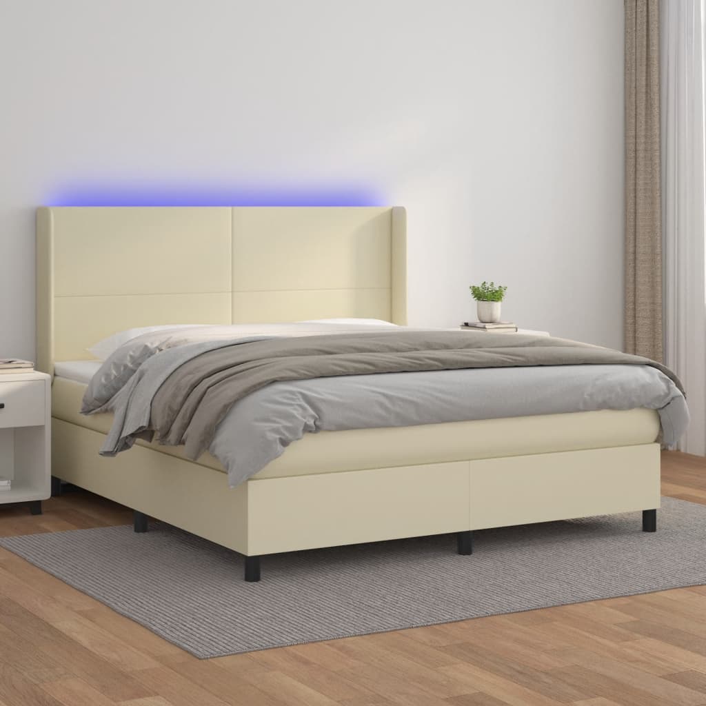 kontinentalseng med LED-lys 180x200 cm kunstlæder cremefarvet
