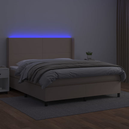 kontinentalseng LED-lys 180x200 cm kunstlæder cappuccinofarvet