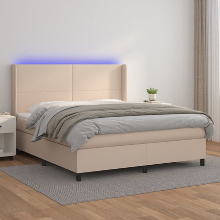 kontinentalseng LED-lys 180x200 cm kunstlæder cappuccinofarvet