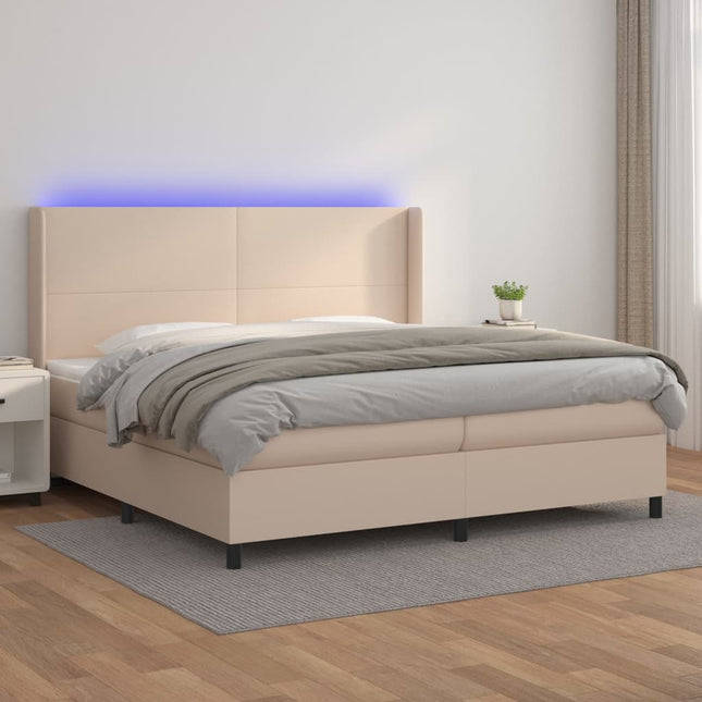 kontinentalseng LED-lys 200x200 cm kunstlæder cappuccinofarvet