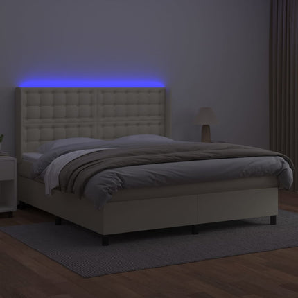 kontinentalseng med LED-lys 180x200 cm kunstlæder cremefarvet