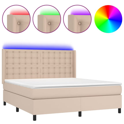 kontinentalseng LED-lys 180x200 cm kunstlæder cappuccinofarvet