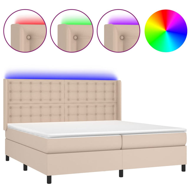 kontinentalseng LED-lys 200x200 cm kunstlæder cappuccinofarvet