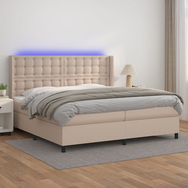 kontinentalseng LED-lys 200x200 cm kunstlæder cappuccinofarvet