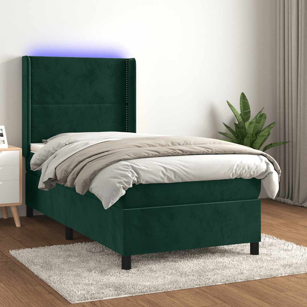 kontinentalseng med LED-lys 90x200 cm fløjl mørkegrøn