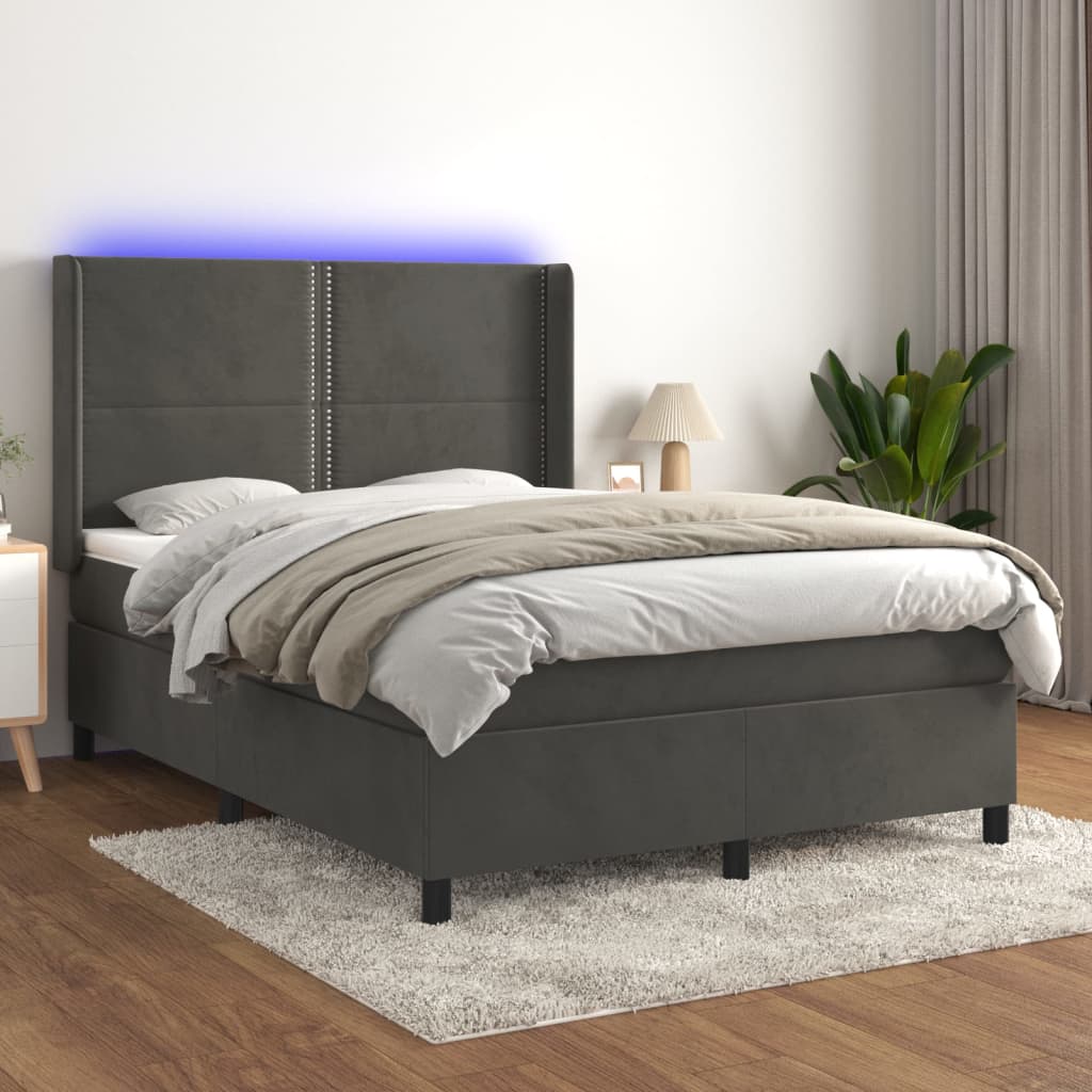kontinentalseng med LED-lys 140x190 cm fløjl mørkegrå