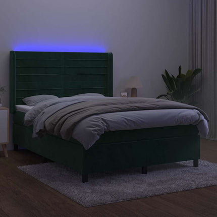 kontinentalseng med LED-lys 140x190 cm fløjl mørkegrøn