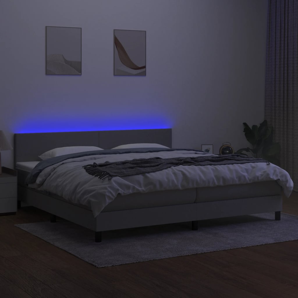 kontinentalseng med LED-lys 200x200 cm stof lysegrå