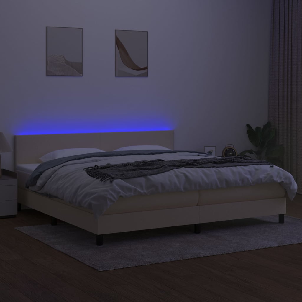 kontinentalseng med LED-lys 200x200 cm stof cremefarvet