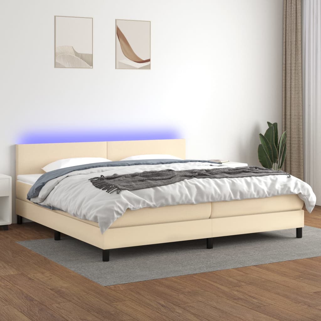 kontinentalseng med LED-lys 200x200 cm stof cremefarvet