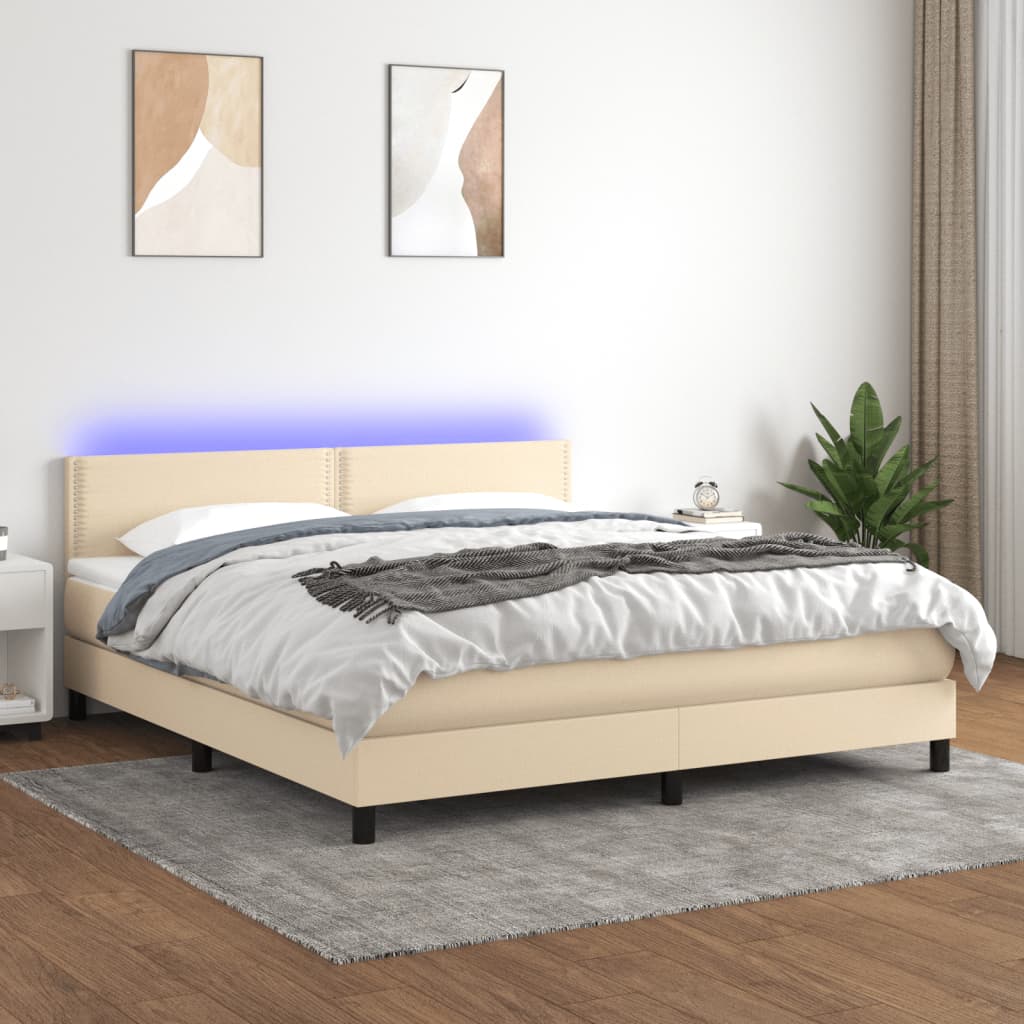 kontinentalseng med LED-lys 180x200 cm stof cremefarvet