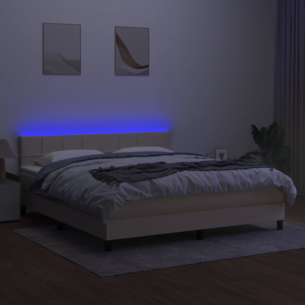 kontinentalseng med LED-lys 160x200 cm stof cremefarvet