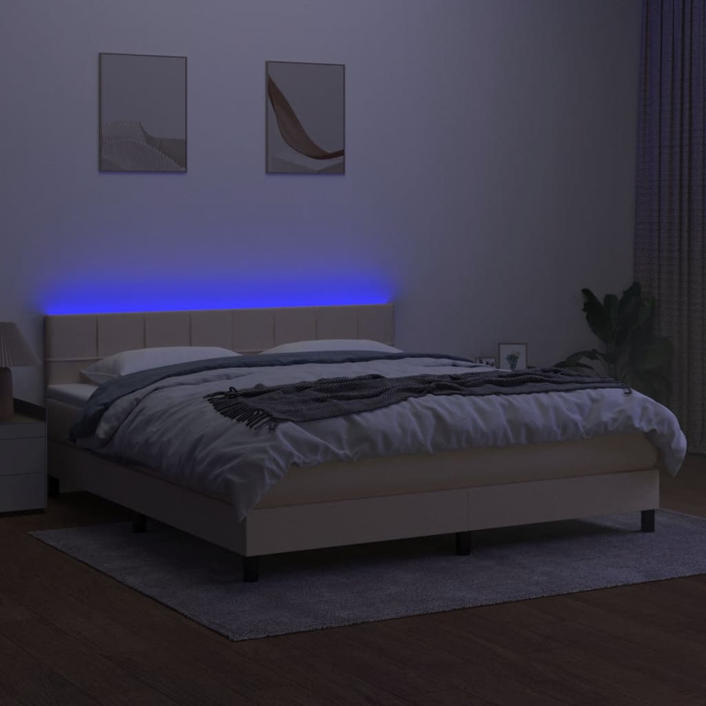 kontinentalseng med LED-lys 180x200 cm stof cremefarvet