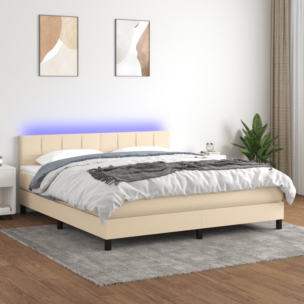 kontinentalseng med LED-lys 180x200 cm stof cremefarvet