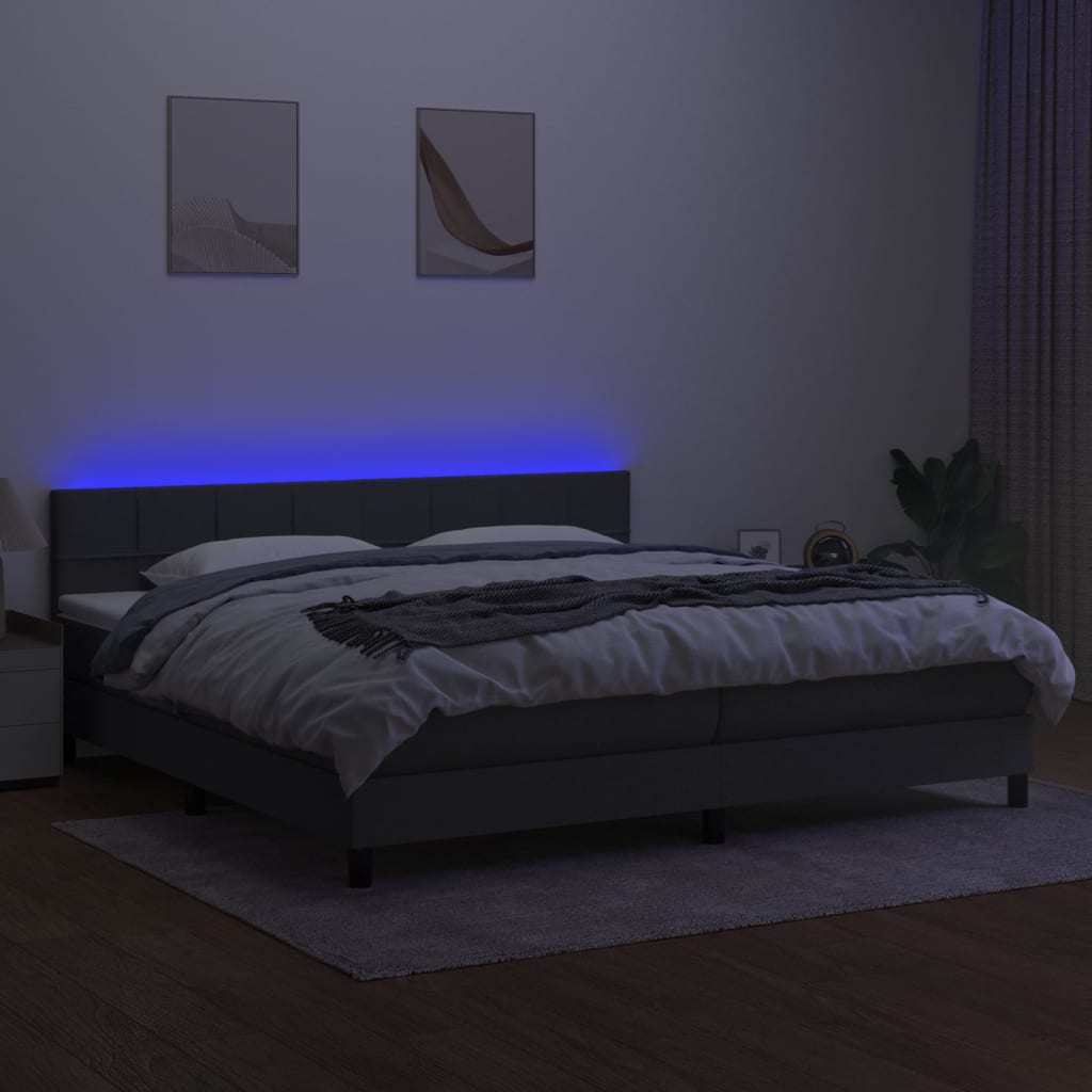 kontinentalseng med LED-lys 200x200 cm stof mørkegrå