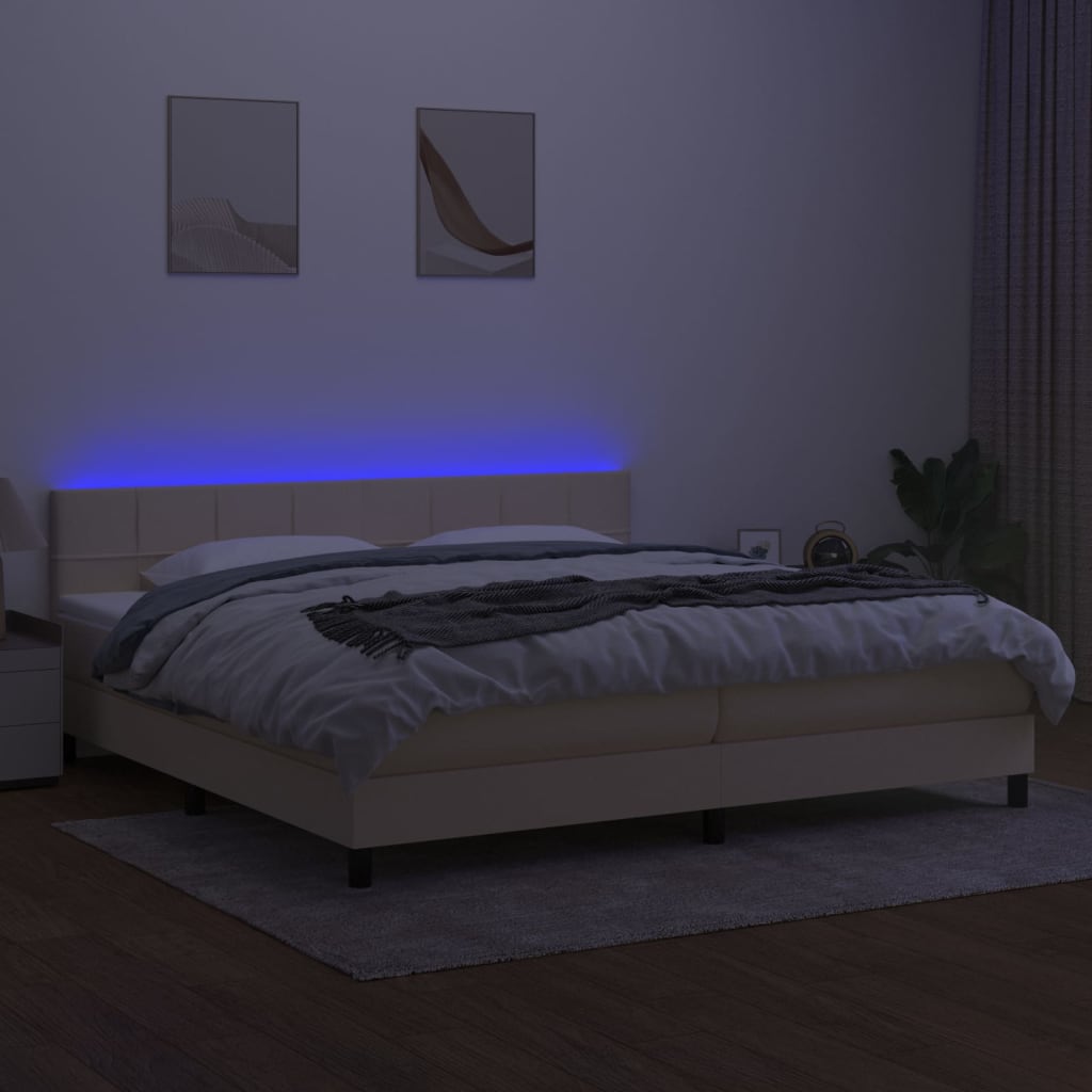 kontinentalseng med LED-lys 200x200 cm stof cremefarvet