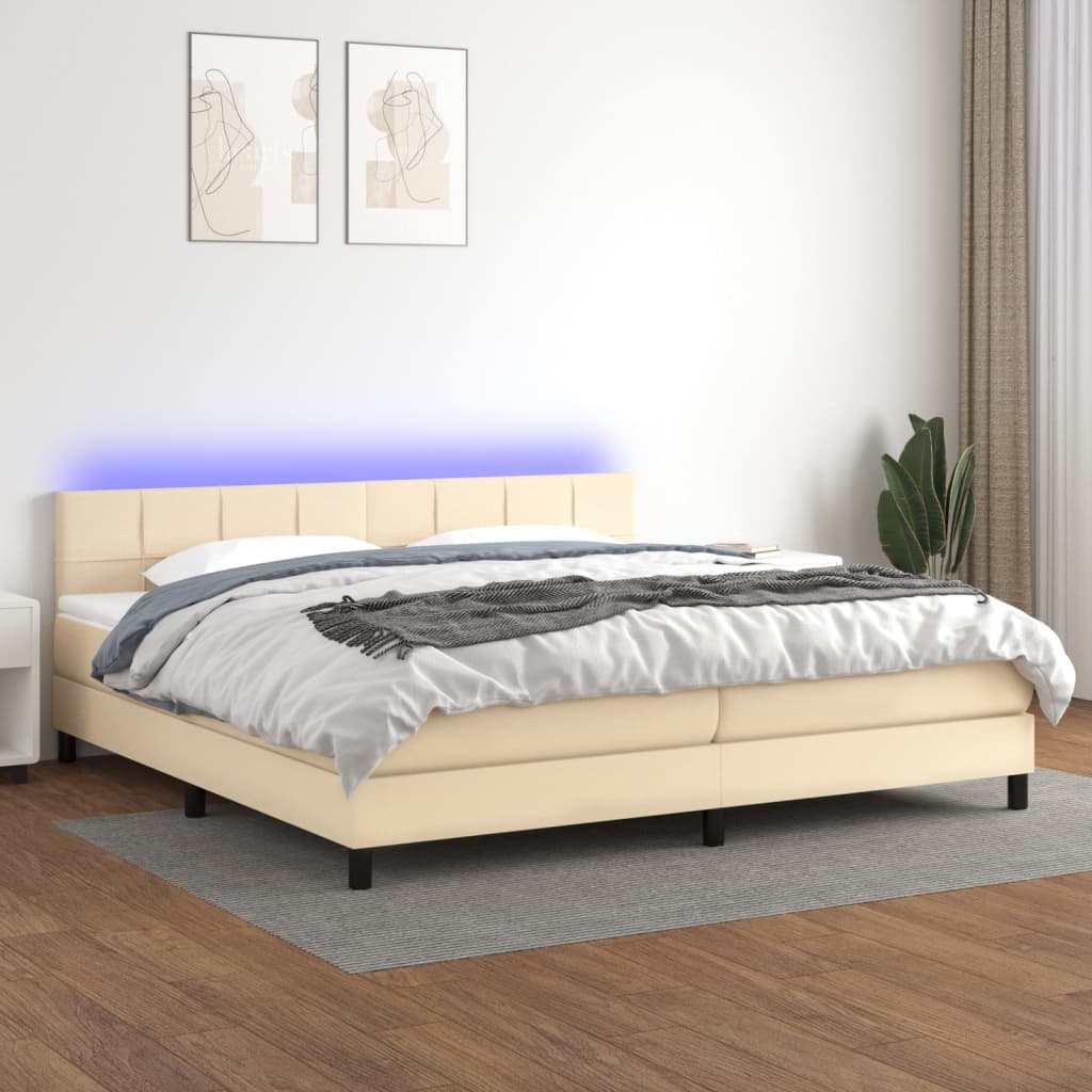 kontinentalseng med LED-lys 200x200 cm stof cremefarvet