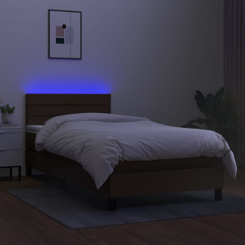 kontinentalseng med LED-lys 90x190 cm stof mørkebrun