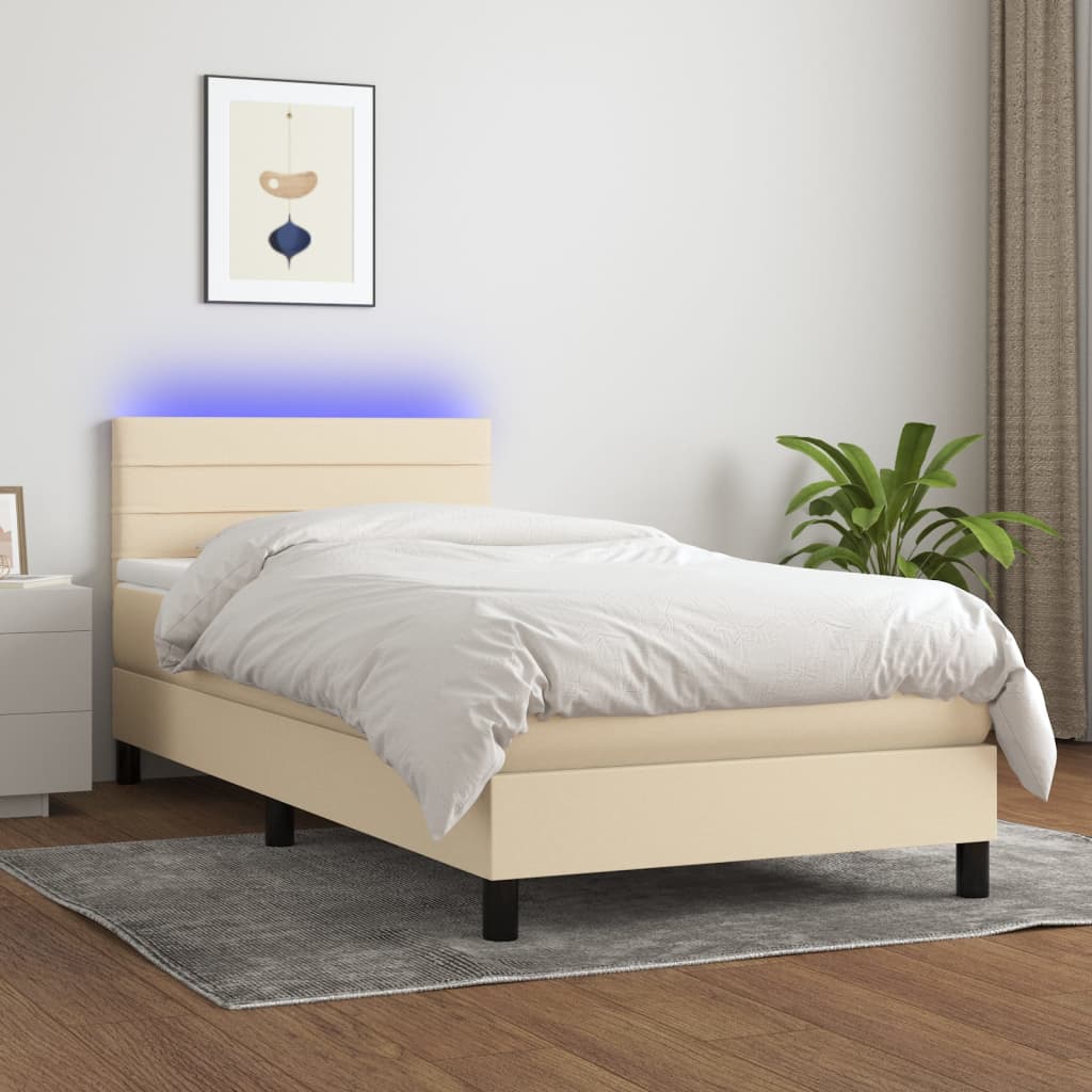 kontinentalseng med LED-lys 90x190 cm stof cremefarvet