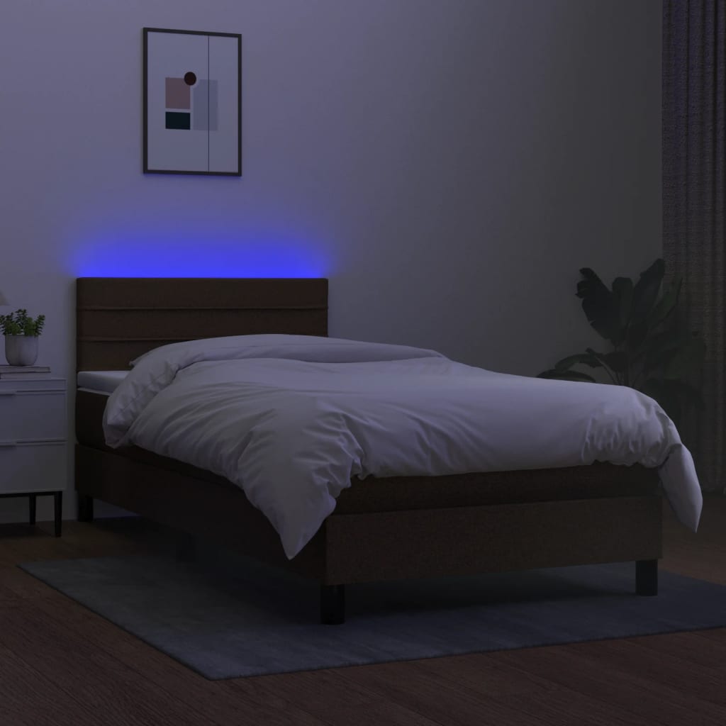 kontinentalseng med LED-lys 90x200 cm stof mørkebrun