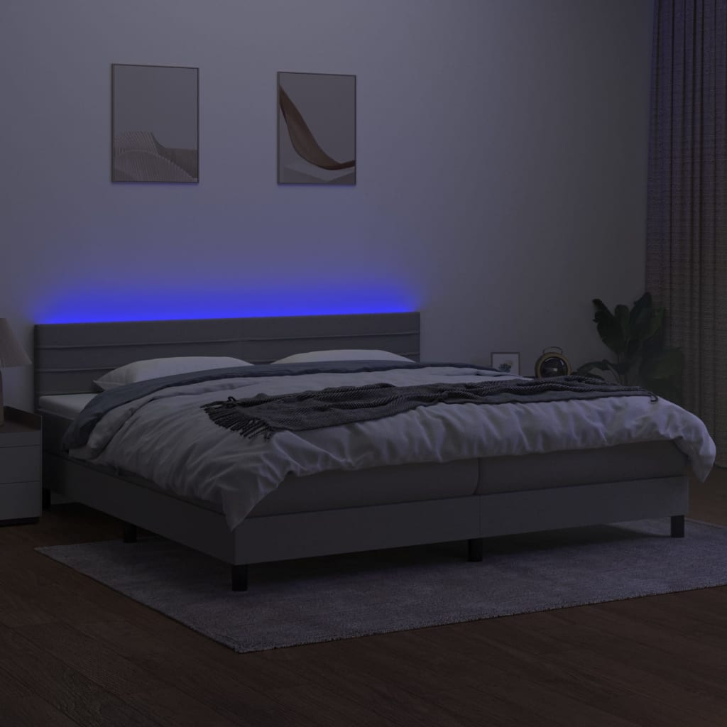 kontinentalseng med LED-lys 200x200 cm stof lysegrå