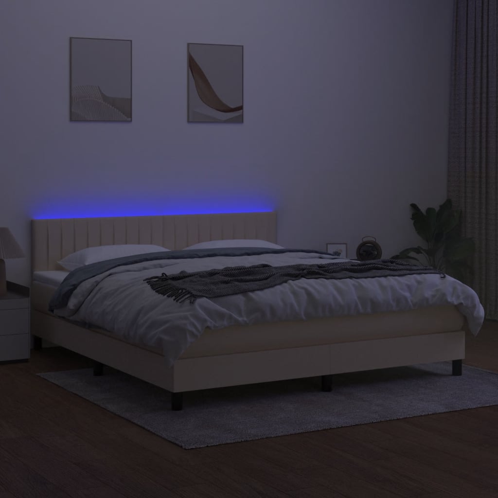 kontinentalseng med LED-lys 180x200 cm stof cremefarvet