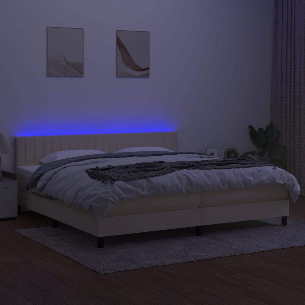 kontinentalseng med LED-lys 200x200 cm stof cremefarvet