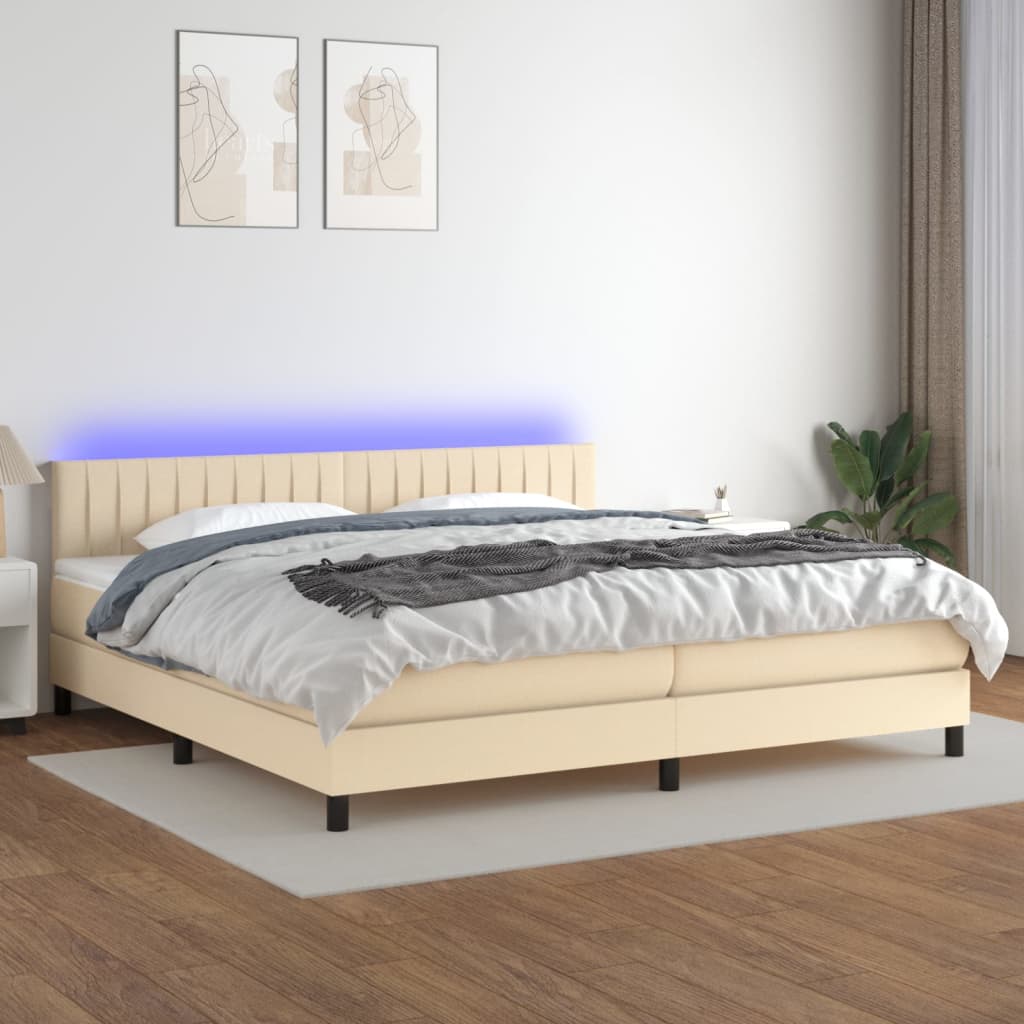 kontinentalseng med LED-lys 200x200 cm stof cremefarvet