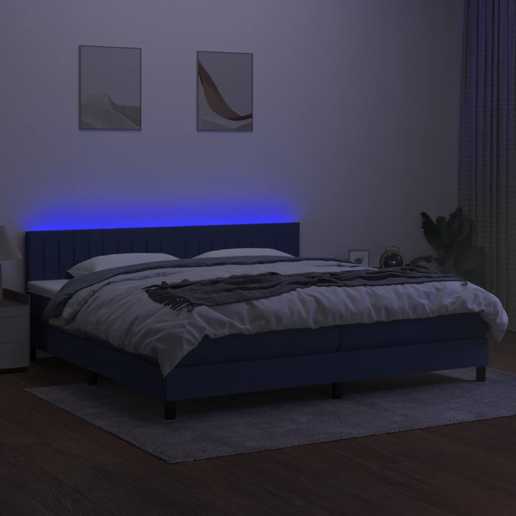 kontinentalseng med LED-lys 200x200 cm stof blå