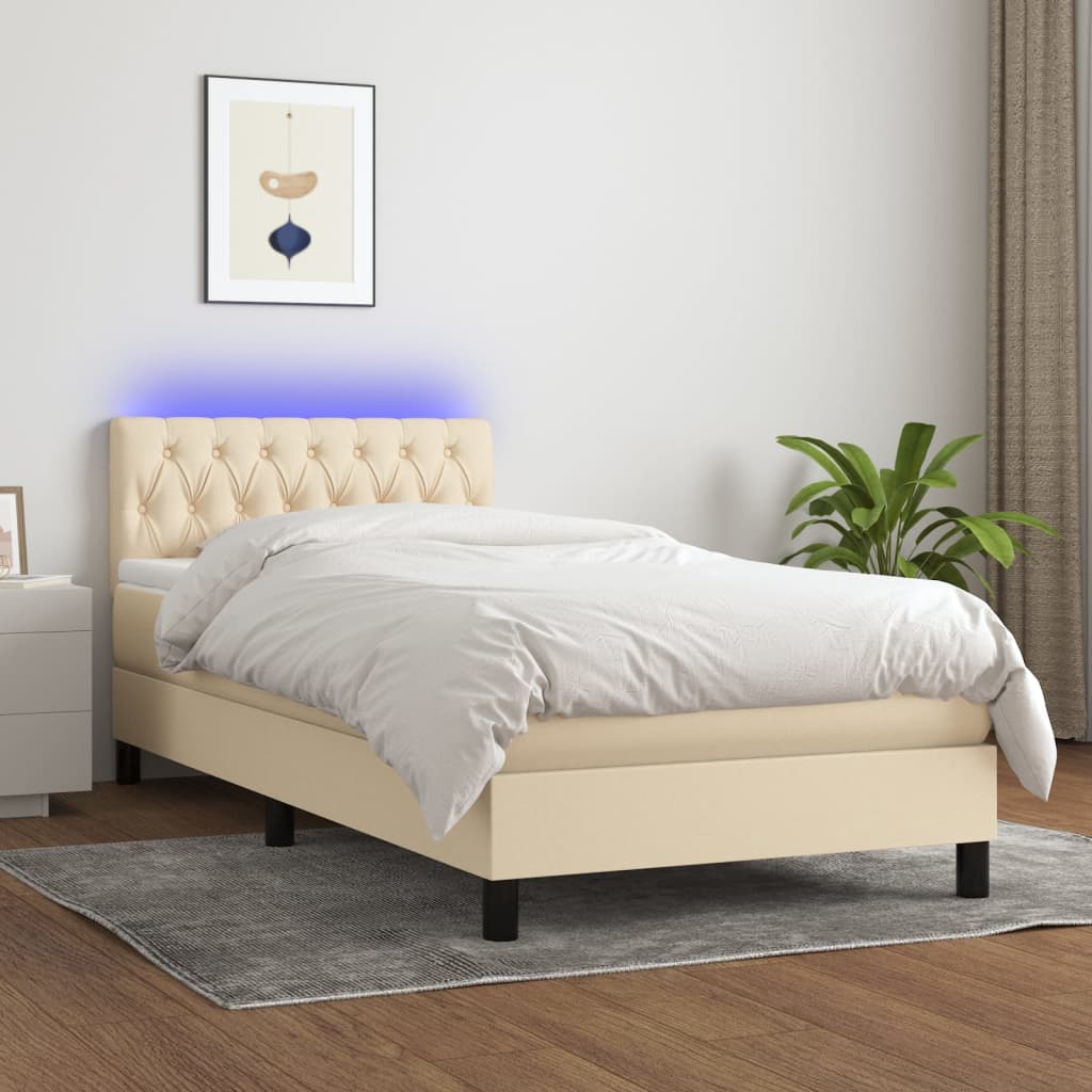 kontinentalseng med LED-lys 90x190 cm stof cremefarvet