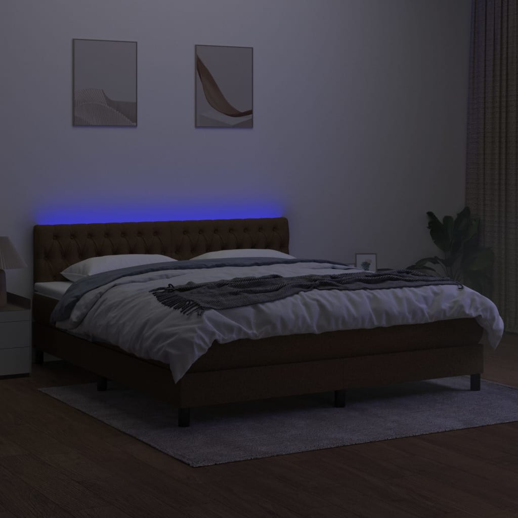 kontinentalseng med LED-lys 160x200 cm stof mørkebrun