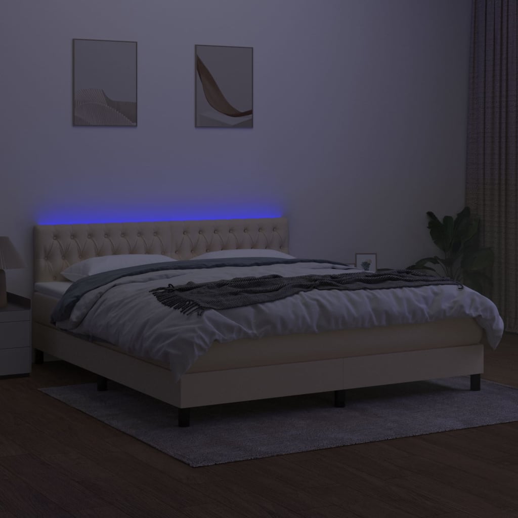 kontinentalseng med LED-lys 180x200 cm stof cremefarvet