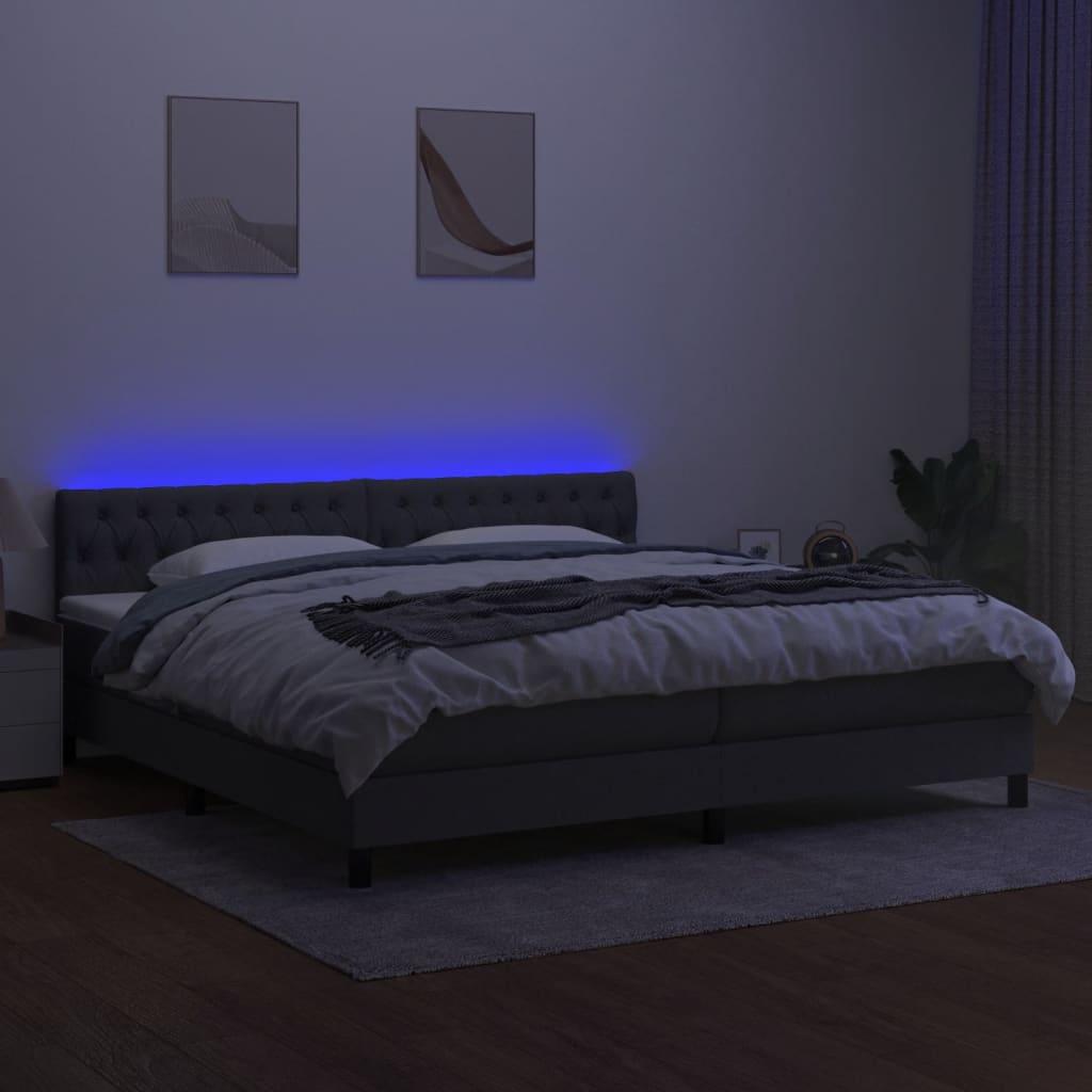 kontinentalseng med LED-lys 200x200 cm stof mørkegrå