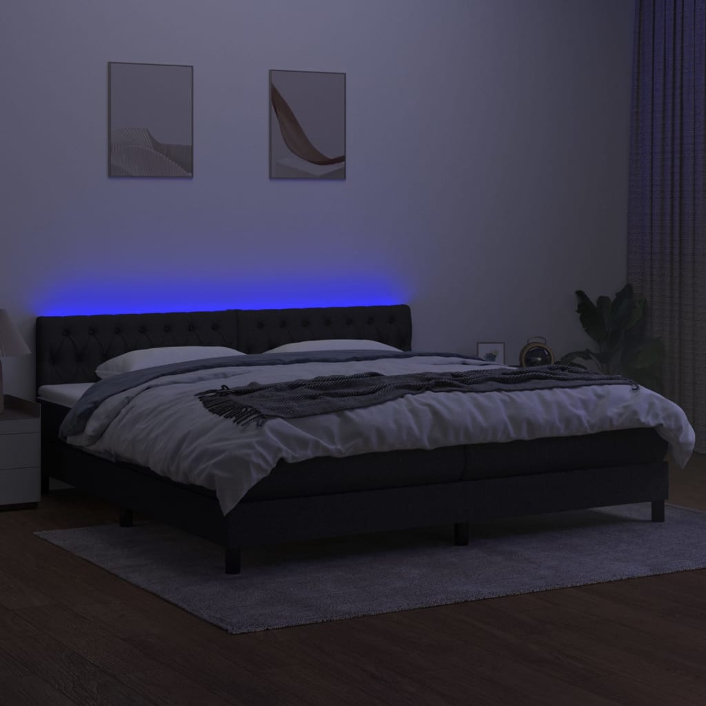 kontinentalseng med LED-lys 200x200 cm stof sort