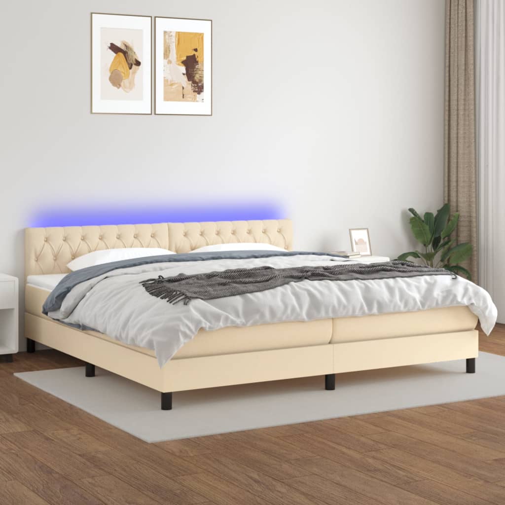 kontinentalseng med LED-lys 200x200 cm stof cremefarvet